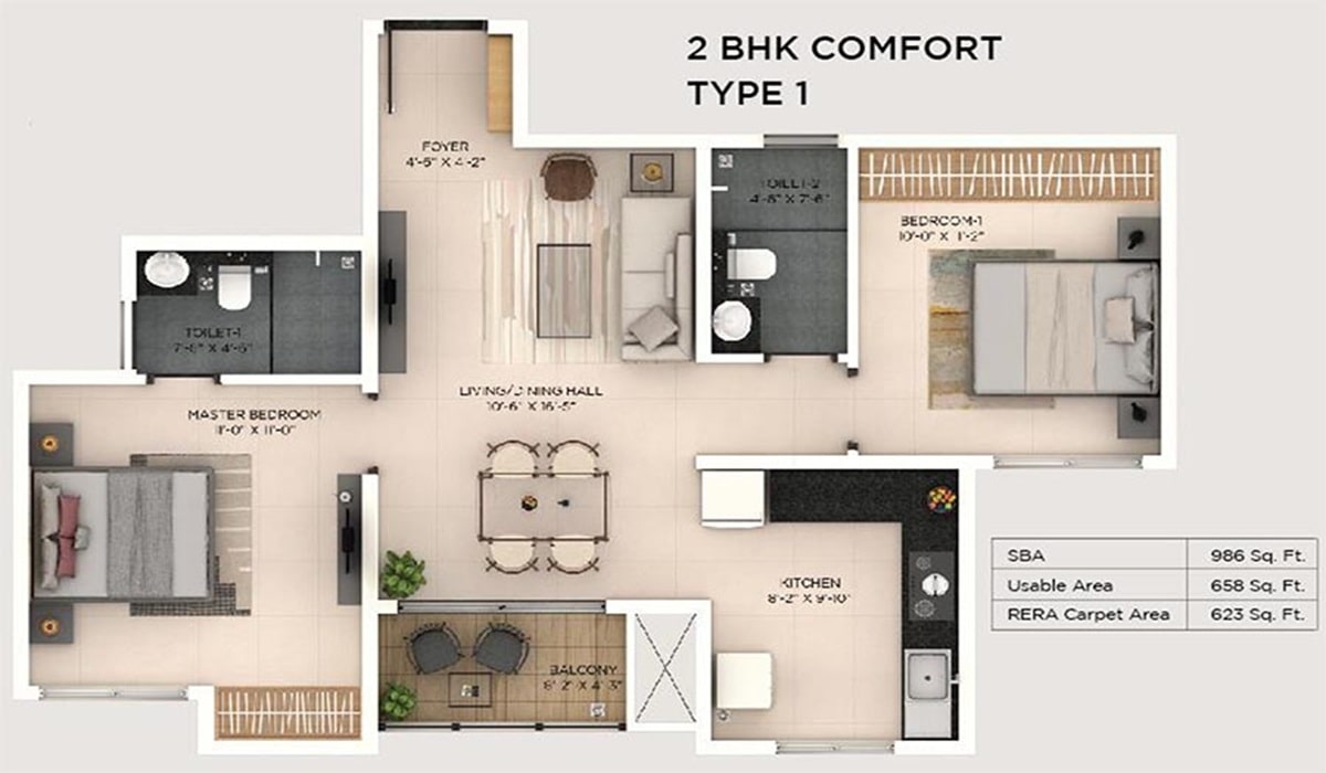 Provident Botanico 2BHK Comfort Floor Plan