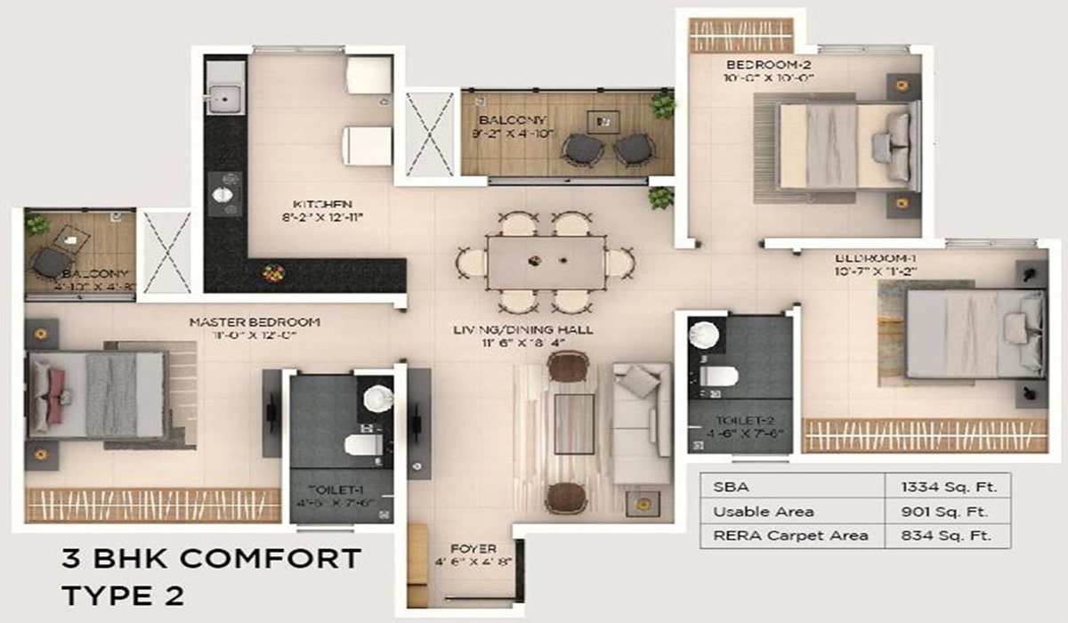 Provident Botanico 3BHK Comfort Floor Plan