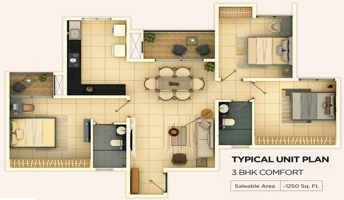 Provident Ecopolitan 3BHK Comfort Floor Plan