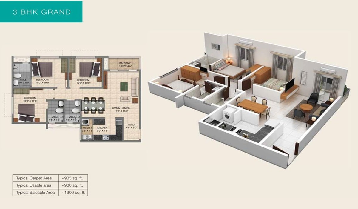 Provident Park Square 3BHK Grand Floor Plan