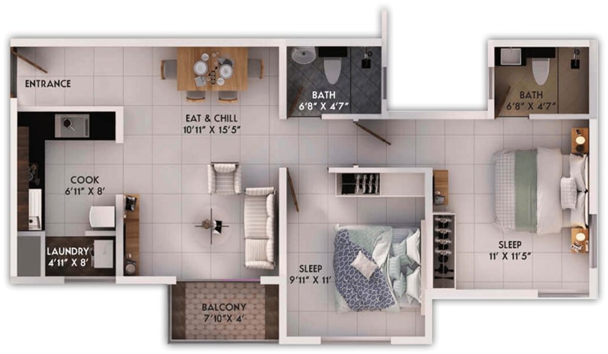 Provident Sunworth City 2BHK Comfort Floor Plan