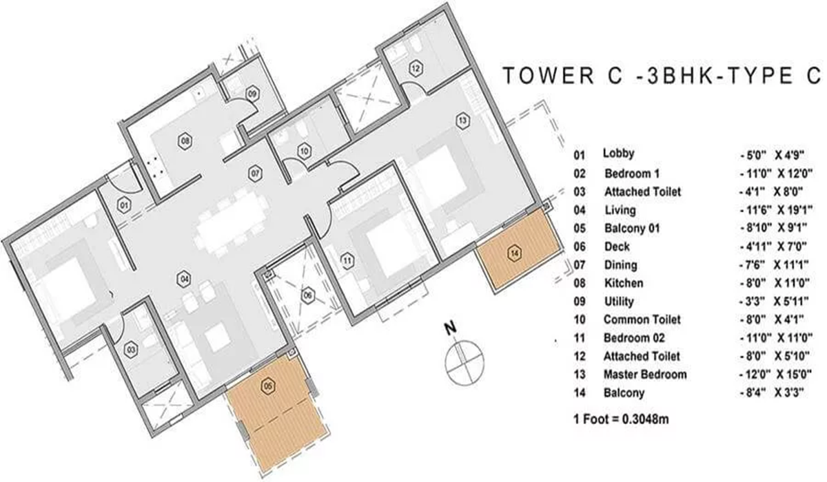 3 BHK flats Purva Park Hills Bangalore Floor Plan
