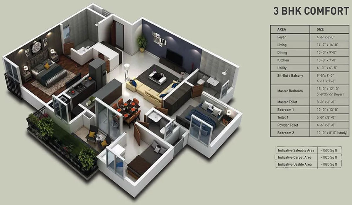 Purva Zenium apartments North Bangalore 3BHK Comfort Floor Plan